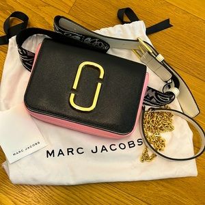 Marc Jacobs. Purse. Black, pink, white green. Minor scuff on gold in photo.